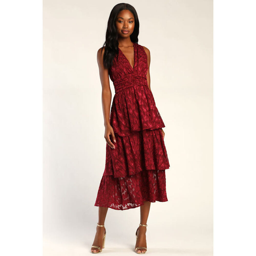Lulus Make It Mesmerizing Wine Red Jacquard Tiered Midi Dress - Size XL